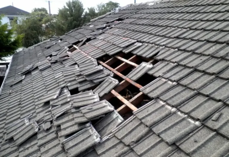 Damaged roof from storm