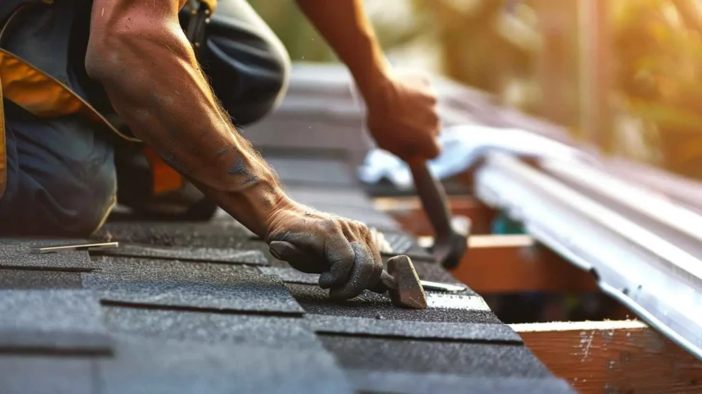 Images showing steps of repairing hail damage, such as replacing a shingle or applying sealant, to demonstrate the process.