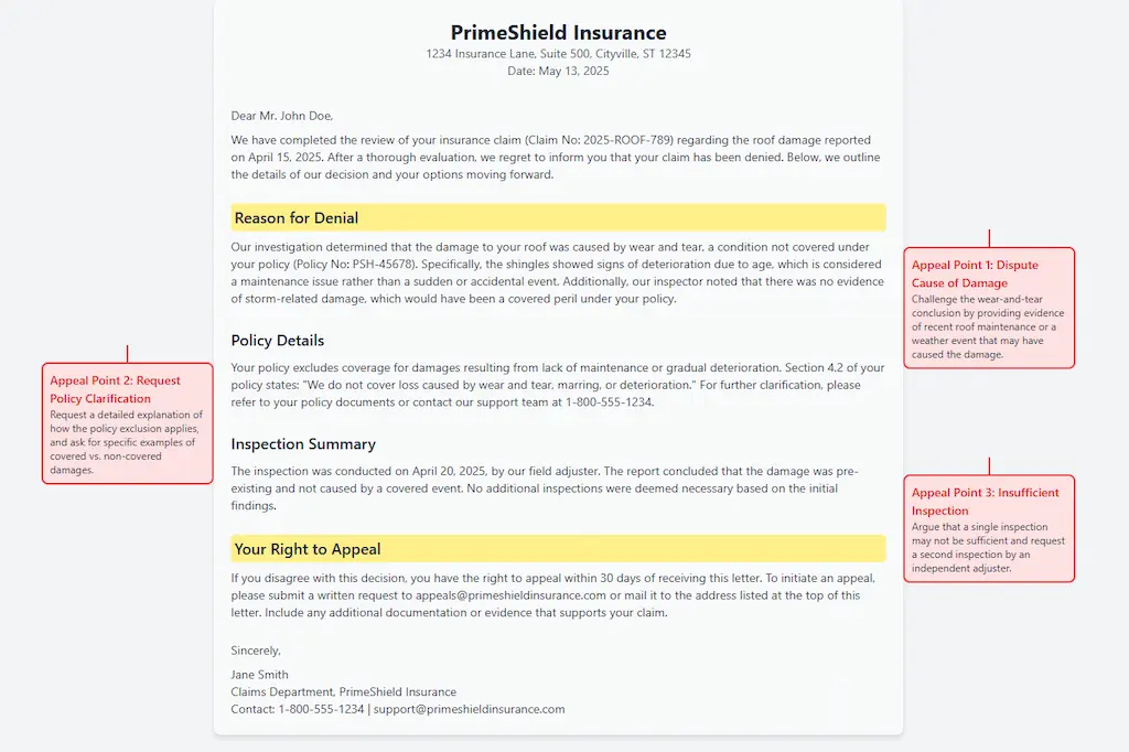 Annotated roof claim denial letter showing how to identify appeal points