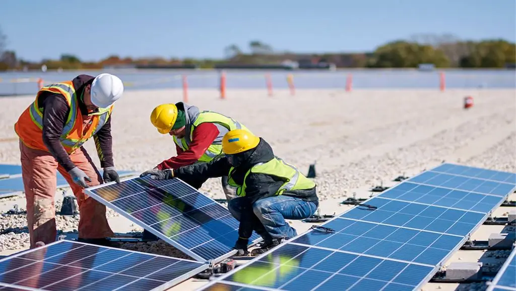Solar installation technicians safely installing panels on a residential roof.